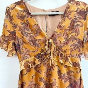 Lulu’s Golden Yellow Floral Print Velvet Mini Dress